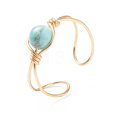 Synthetic Turquoise Round Beaded Open Cuff Ring RJEW-TA00041-04-1