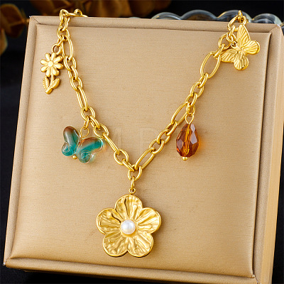 304 Stainless Steel & Glass Butterfly Pendant Bib Necklaces for Women FS-WG17725-02-1