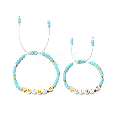 2Pcs Mother's Day Resin & Glass Mama & Mini Beaded Braided Bead Bracelet Set WGEEE28-02-1