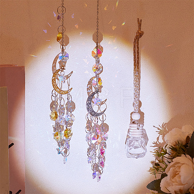 2Pcs 2 Styles Moon Glass & Alloy Hanging Suncatchers AJEW-NB0008-74-1