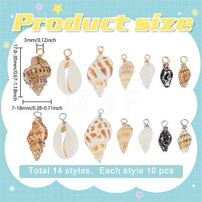 140Pcs 14 Styles Natural Mixed Shell Pendants PALLOY-ME00021-1