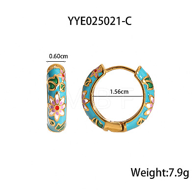 Chinese Retro 304 Stainless Steel Enamel Ring with Flower Pattern Hoop Earrings BB7359-2-1