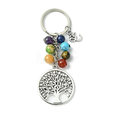 7 Chakra Gemstone Bead Pendant Keychain with Tibetan Style Alloy Tree of Life Charm KEYC-JKC00542-1