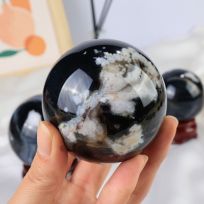 Natural Black Cherry Blossom Agate Crystal Ball PW-WG77102-01-1