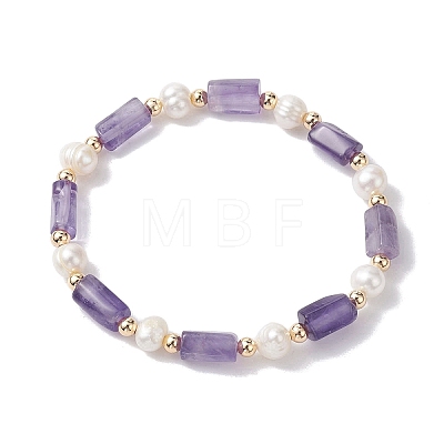 Column Natural Mixed Gemstone & Pearl Beaded Stretch Bracelet BJEW-JB10068-1