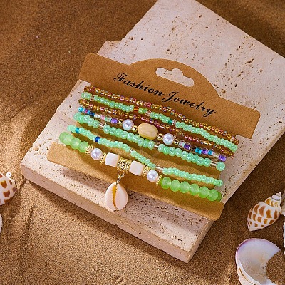 Bohemian Resin & Alloy & Glass Beads & Shell & Plastic Pearls Beaded Stretch Bracelets BJEW-Z169-01D-1