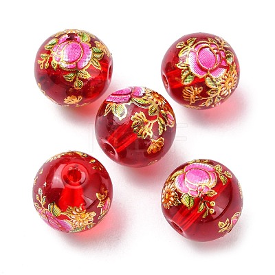 Flower Picture Printed Glass Round Beads GLAA-J087-10mm-A05-1