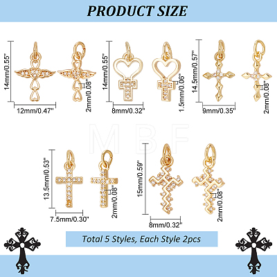   10Pcs 5 Styles Real 18K Gold Plated Brass Micro Pave Cubic Zirconia Pendants KK-PH0006-48-1