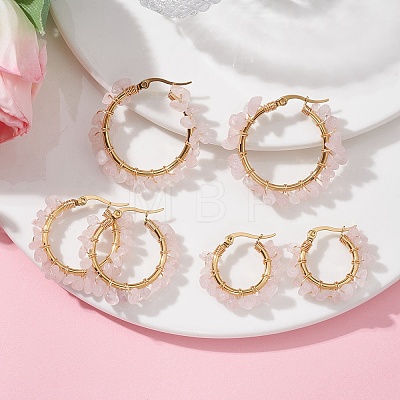 3 Pairs 3 Size Natural Rose Quartz Chips Hoop Earrings EJEW-JE05710-01-1
