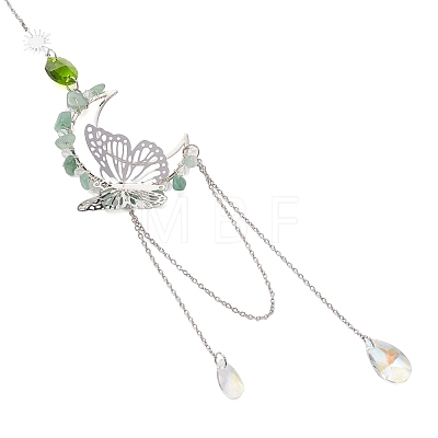 Natural Green Aventurine Chips & Brass Moon & 304 Stainless Steel Butterfly Suncatcher HJEW-TA00449-01-1