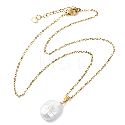 Natural Baroque Keshi Pearl Oval Pendant 304 Stainless Steel Cable Chain Necklaces NJEW-JN06135-1