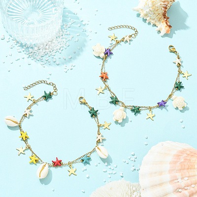 2Pcs 2 Styles Ocean Dyed Synthetic Turquoise Starfish Link Chain Anklets AJEW-AN00818-1