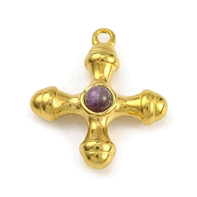 Natural Amethyst & 304 Stainless Steel Cross Pendants STAS-H221-01G-07-1