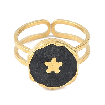 Ion Plating(IP) 304 Stainless Steel Enamel Flat Round with Flower Cuff Finger Rings RJEW-L107-067G-02-1