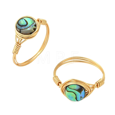 Copper Wired Natural Abalone Shell/Paua Shell Finger Rings for Women RJEW-JR01055-1