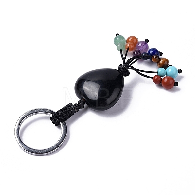 Natural Obsidian Heart with Mixed Gemstone Tassel Keychains KEYC-P012-03P-03-1