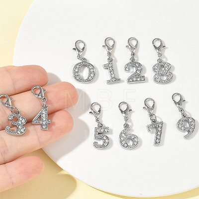 10Pcs 10 Styles Number 0~9 Alloy Rhinestone Pendant Decorations HJEW-YW00549-1
