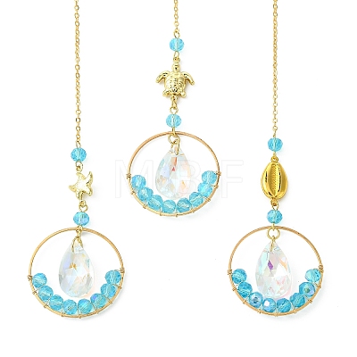Ocean Theme Glass Round Beads & Teardrop Suncatcher with Brass Charm HJEW-JM04939-1
