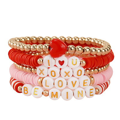 Polymer Clay & Plastic & Acrylic Heart Letter Beaded Stretch Adjustable Stackable Bracelet Sets for Women YY5680-1