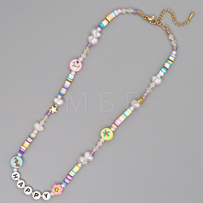 Christmas Theme Glass & Imitaiton Pearl & Brass HAPPY Heishi Beaded Necklaces GF3195-5-1