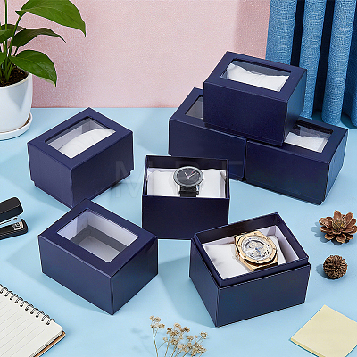 Paper Jewelry Watch Packing Boxes with PVC Window Lid and Pillow Inside CON-WH0089-259A-1