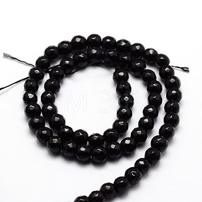 Faceted Natural Black Onyx Round Beads Strands G-E319B-6mm-01-1