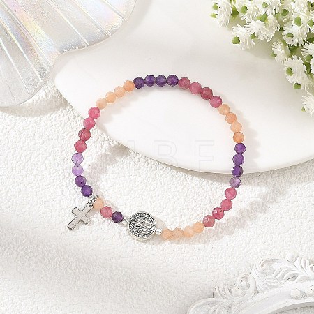 Gradient Natural Mixed Stone Faceted Round Beaded Stretch Bracelets with Alloy Saint Benedict Medal BJEW-JB14401-03-1