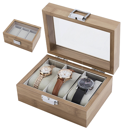 3-Slot Wooden Watch Display Cases with Glass Window Lid and Velvet Pillow Inside CON-WH0043-306B-1