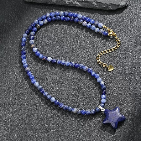 Bohemian Natural Lapis Lazuli Star Pendant 4MM Round Dyed Synthetic Turquoise Beaded Necklaces FI0922-2-1