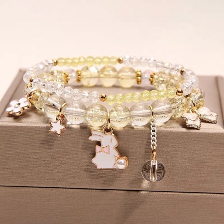 2Pcs 2 Styles Plastic & Glass Beaded Stretch Bracelets FS-WGE3E77-06-1