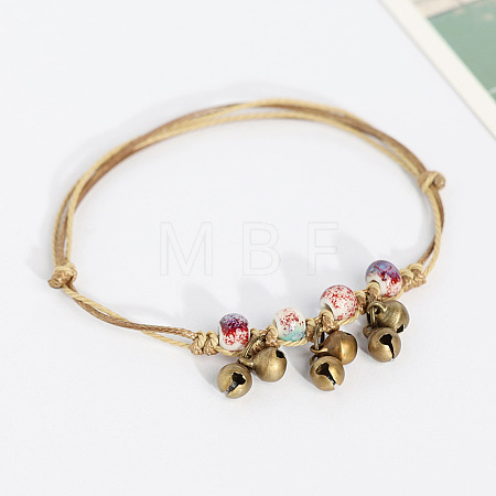 Alloy Bell & Porcelain Bead Charm Wax Cord Adjustable Anklets FS-WG54FA9-06-1