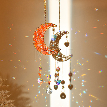 Natural Red Jasper Chip & Brass Moon Hanging Suncatcher Pendant Decoration PW23041118851-1