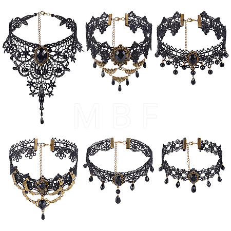 6Pcs 6 Styles Flower Lace Choker Necklaces NJEW-UN0001-65-1