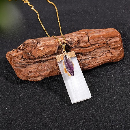 Natural Amethyst & Selenite Rectangle Pendant Necklaces PW-WGF8248-01-1