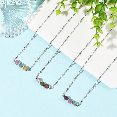 Natural Multicolor Tourmaline Faceted Cube Beads Pendant 304 Stainless Steel Satellite Chain Necklacs for Women NJEW-JN06541-02-1