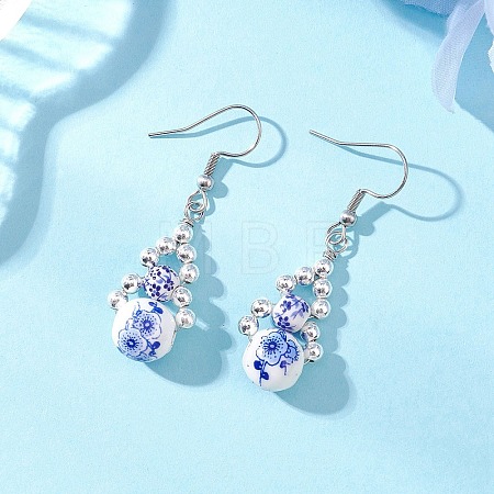 Handmade Round with Flower Printed Porcelain Dangle Earrings EJEW-JE06795-1