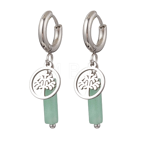 304 Stainless Steel Green Aventurine Column Hoop Earrings EJEW-JE06791-01-1