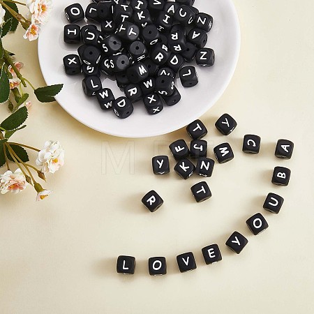 20Pcs Black Cube Letter Silicone Beads 12x12x12mm Square Dice Alphabet Beads with 2mm Hole Spacer Loose Letter Beads for Bracelet Necklace Jewelry Making JX433A-1