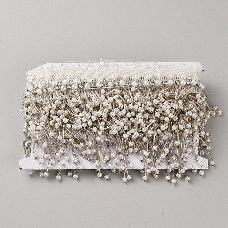 Polyester & Glass Rhinestone & Imitation Pearl Beaded Tassel Ribbon DIY-WH20076-47B-1