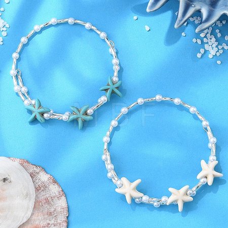 2Pcs 2 Colors Synthetic Turquoise Beaded Bangles BJEW-JB11588-1