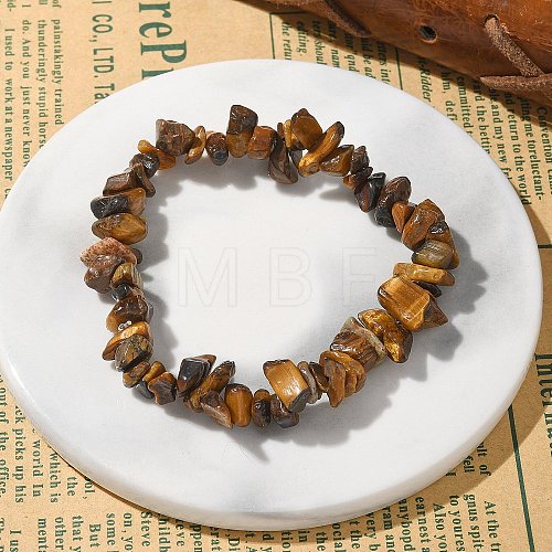 Unisex Chip Natural Tiger Eye Beaded Stretch Bracelets BJEW-S143-02-1