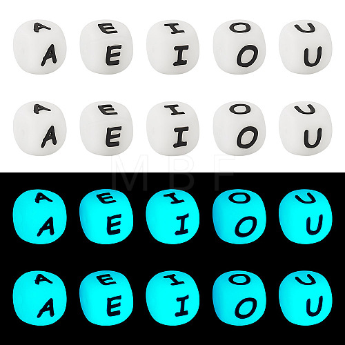  50Pcs 5 Style Luminous Cube with Letter Food Grade Eco-Friendly Silicone Beads SIL-TA0001-51-1