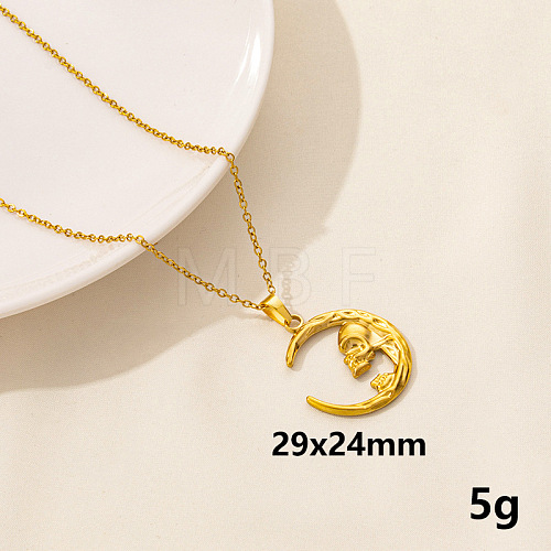 Minimalist Stainless Steel Moon with Skull Pendant Necklace for Women RX9725-6-1