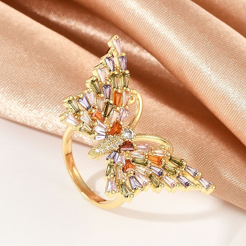 Butterfly Brass Micro Pave Colorful Cubic Zirconia Finger Rings for Women RJEW-G343-30G-01-1