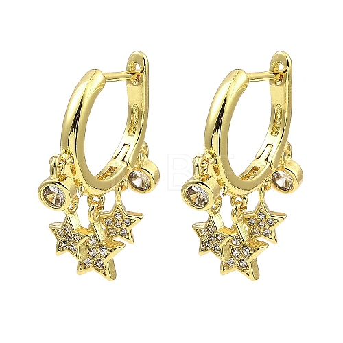 Rack Plating Brass Star Dangle Hoop Earrings with Cubic Zirconia KK-B077-17G-1