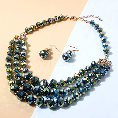 Glass Rondelle Beaded Multilayer Necklaces & Dangle Earrings Set for Women WG36B17-05-1