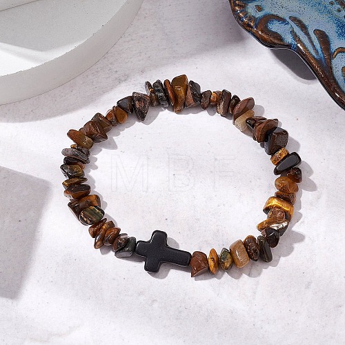 Natural Tiger Eye Chips Stretch Bracelets for Women Men BJEW-JB11341-11-1