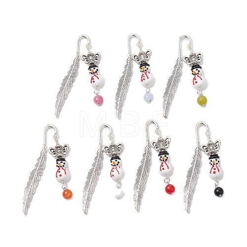 7Pcs 7 Colors Christmas Snowman Lampwork & Butterfly Alloy Pendant Bookmarks AJEW-JK00340-1