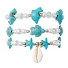 3Pcs Synthetic Turquoise & Natural Cowrie Shell Charm Bracelet Sets BJEW-JB09868-2