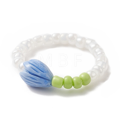 Flower Bud Synthetic Coral & Glass Seed Beaded Stretch Ring for Women RJEW-JR00557-1